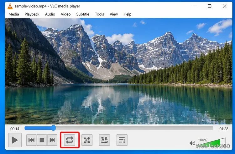 VLC playing a video with the repeat button highlighted