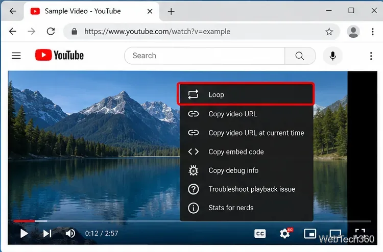 YouTube desktop player context menu with Loop highlighted