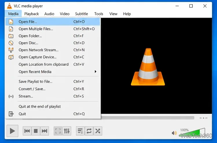 VLC Media Player on Windows with Media and Open File selected