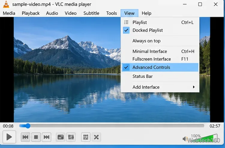 VLC View menu with Advanced Controls enabled on Windows