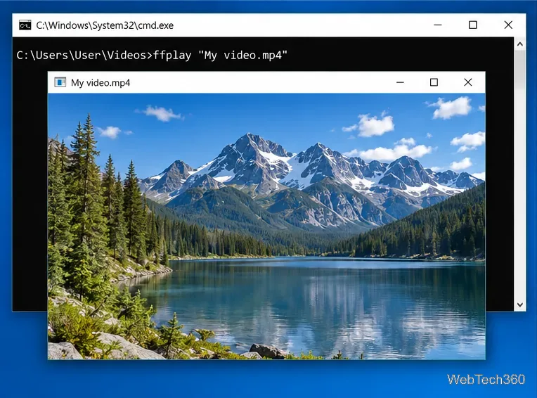 Windows 10 illustration showing Command Prompt launching My video.mp4 in an ffplay window