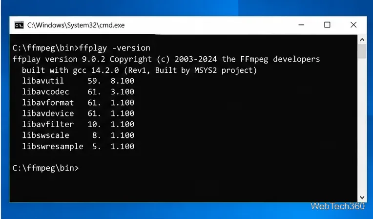 Command Prompt illustration showing the ffplay -version command on Windows 10