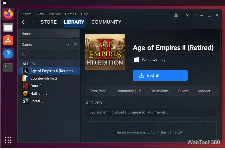 Steam Library on Linux showing Age of Empires II Retired with an Install button