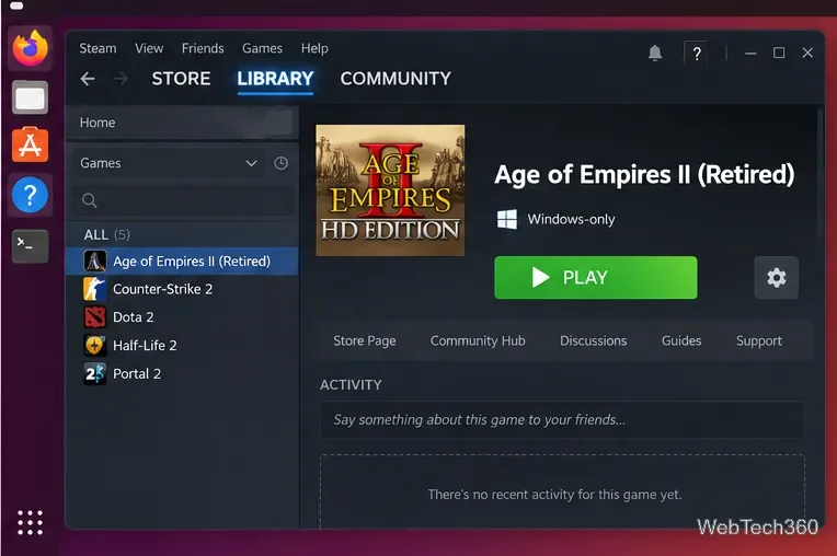 Steam Library on Linux showing the green Play button for Age of Empires II Retired