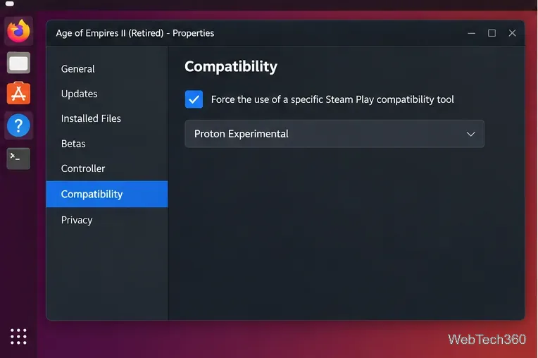 Steam game Properties Compatibility page on Linux with Proton Experimental selected