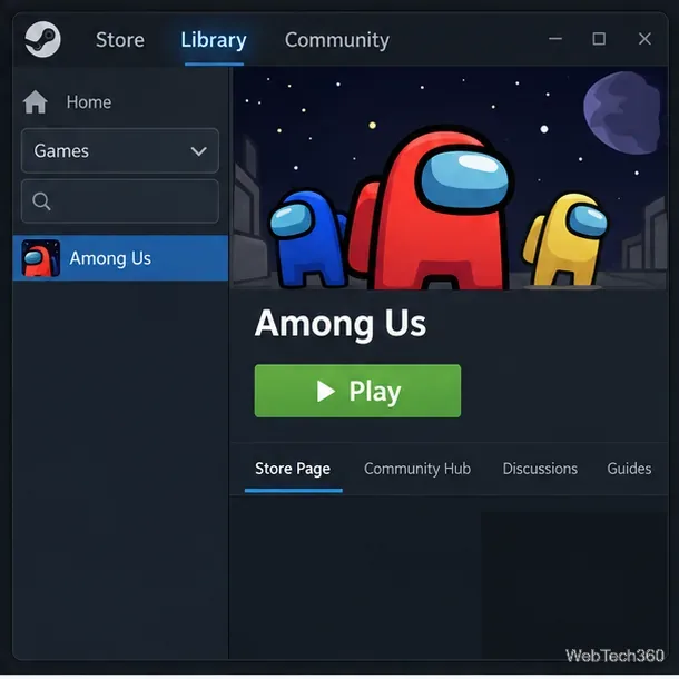 Страница Among Us в библиотеке Steam после установки, отображающая выбранную игру и зеленую кнопку «Играть».
