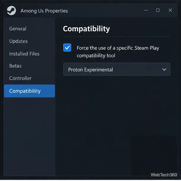 В настройках Among Us в Steam выбран режим совместимости, включена опция принудительной совместимости, и выбрана экспериментальная версия Proton.
