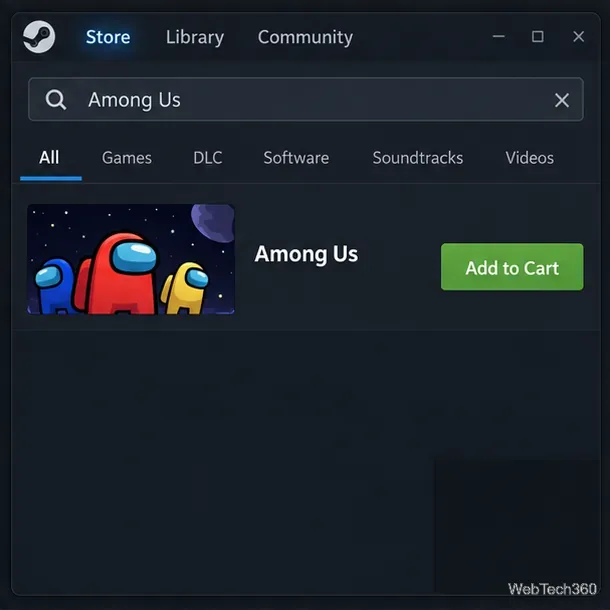 В результатах поиска по запросу Among Us в Steam видна кнопка «Добавить в корзину».