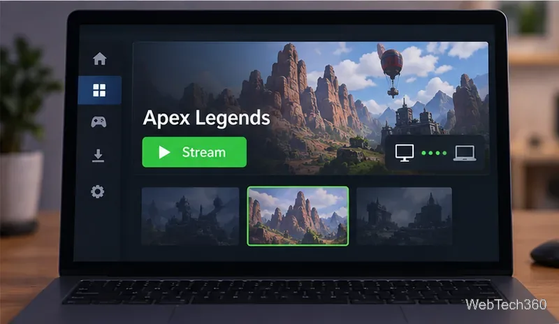 หน้าจอ Steam Link บนแล็ปท็อป Linux ที่เลือกเกม Apex Legends ไว้ และมีปุ่มควบคุมการสตรีมที่เด่นชัด