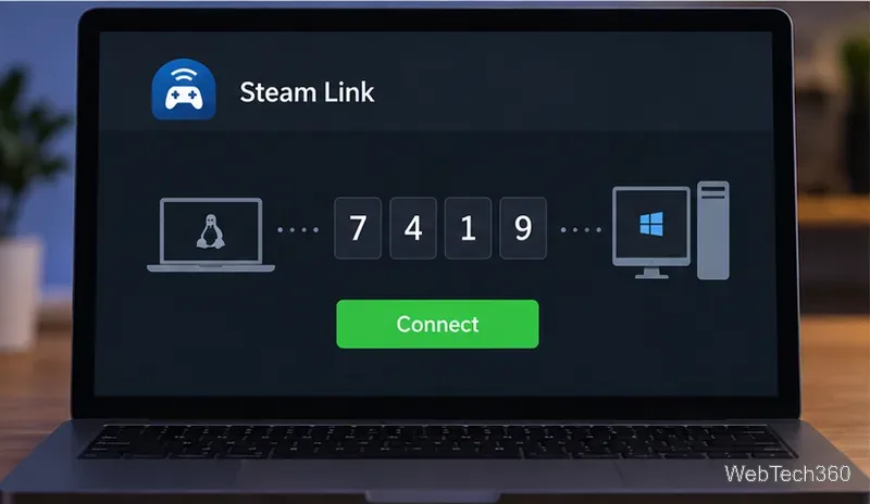 หน้าจอการจับคู่ Steam Link แสดงไคลเอ็นต์ Linux รหัสการเชื่อมต่อ และคอมพิวเตอร์เล่นเกม Windows
