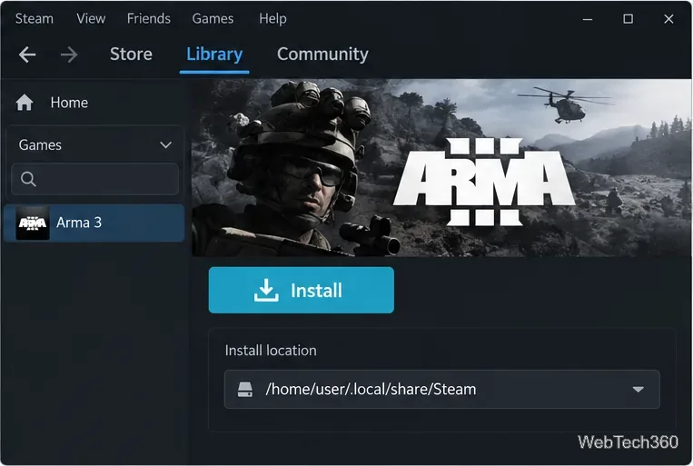 Arma 3 nella libreria di Steam con un pulsante Installa e un selettore della posizione della libreria.