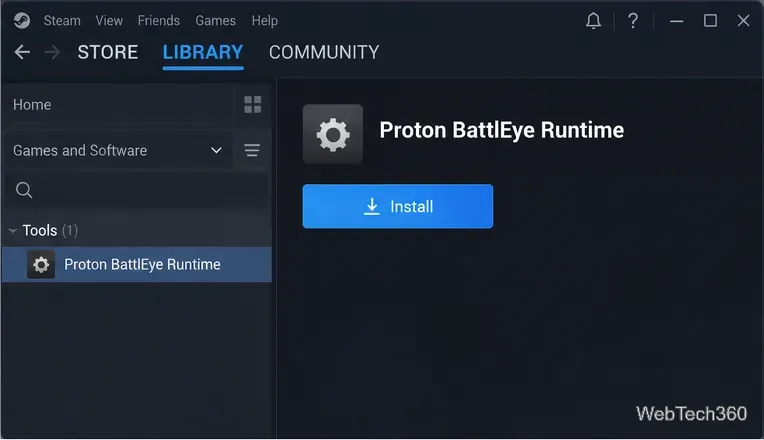 Strumenti della libreria di Steam che mostrano Proton BattlEye Runtime e il relativo pulsante di installazione.