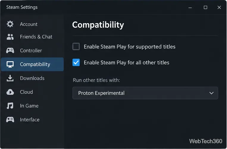 Impostazioni di Steam che mostrano l'opzione per abilitare Steam Play per altri titoli