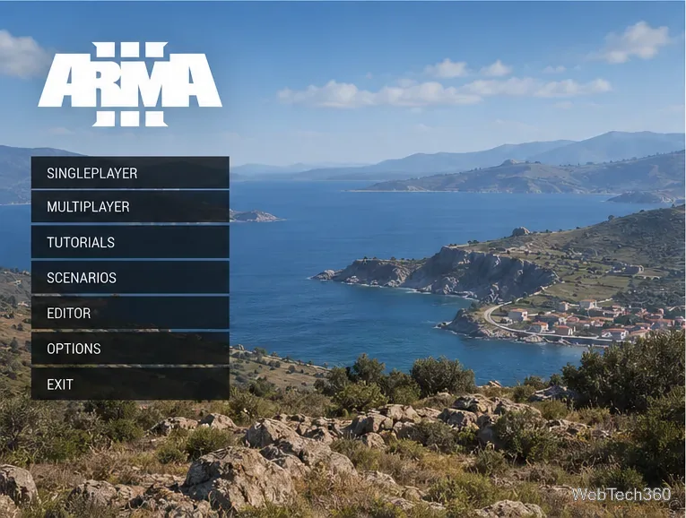 Menu principale di Arma 3 con opzioni per giocatore singolo, multigiocatore, tutorial, scenari ed editor.