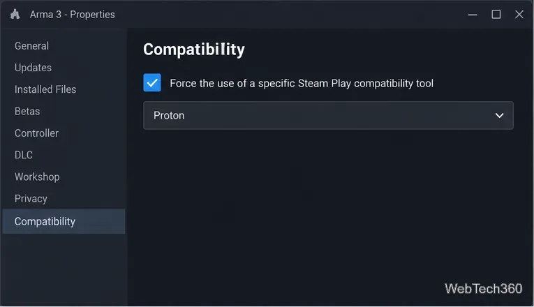 Proprietà di Arma 3 nella scheda Compatibilità con l'opzione specifica dello strumento di compatibilità selezionata