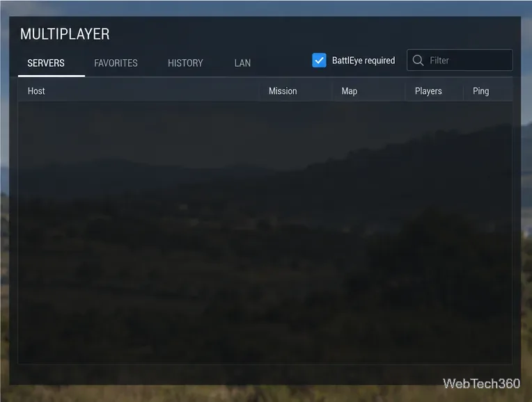 Browser per server multiplayer di Arma 3 con filtro che richiede BattlEye e elenco server vuoto