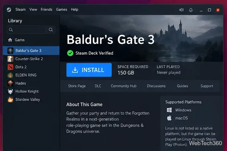 Baldur's Gate 3 è stato selezionato nella libreria di Steam su Linux con il pulsante Installa e il requisito di spazio di archiviazione di 150 GB.