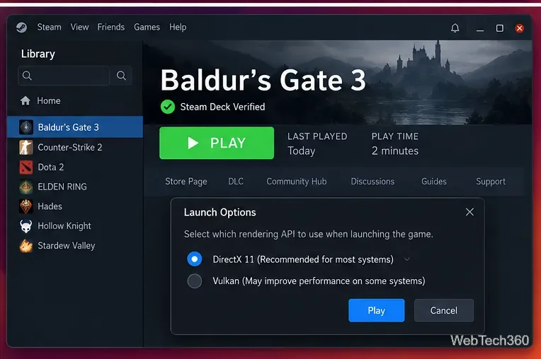 Opzioni di avvio di Baldur's Gate 3 su Steam che mostrano le scelte DirectX 11 e Vulkan