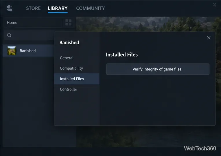 صفحة ملفات التثبيت في Steam مع زر التحقق من سلامة ملفات اللعبة