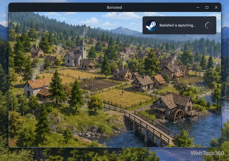 مشهد مستوطنة من العصور الوسطى في نافذة اللعبة مع إشعار تشغيل Steam