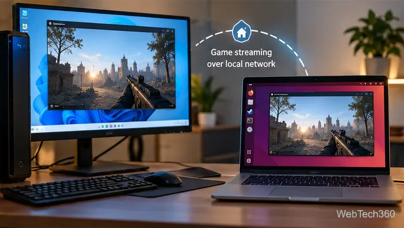 Windows gaming PC streaming a first-person game over a local network to a Linux laptop