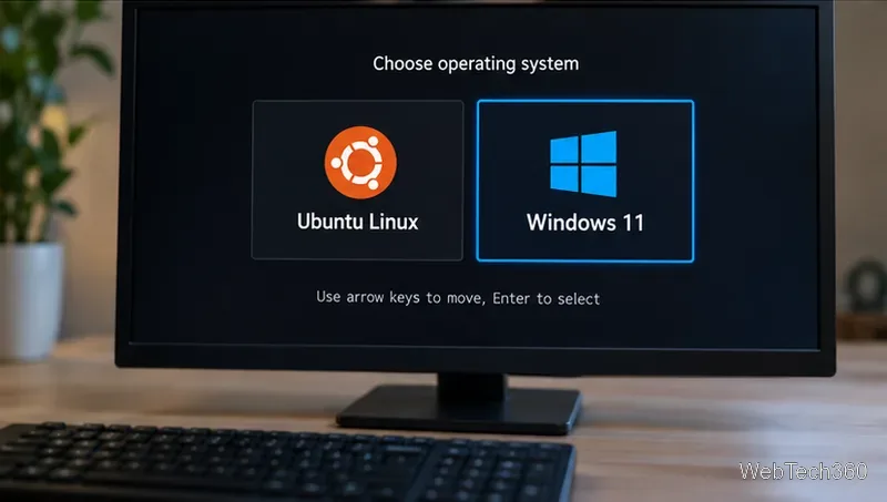 Desktop boot menu offering Ubuntu Linux and Windows 11 with Windows selected