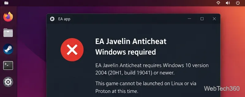 Visual summary showing EA Javelin Anticheat requiring Windows on a Linux desktop