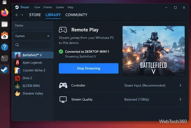 Steam Remote Play screen streaming Battlefield V from a Windows PC to a Linux computer