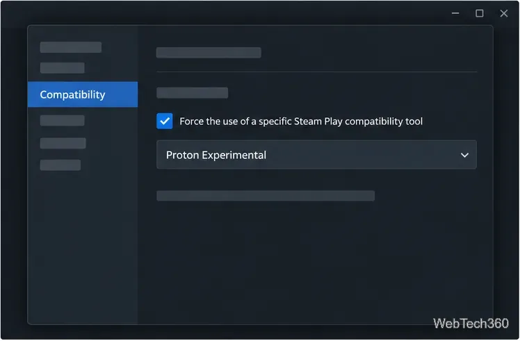 Configuración de compatibilidad del juego ilustrativa con Proton Experimental seleccionado como opción de solución de problemas