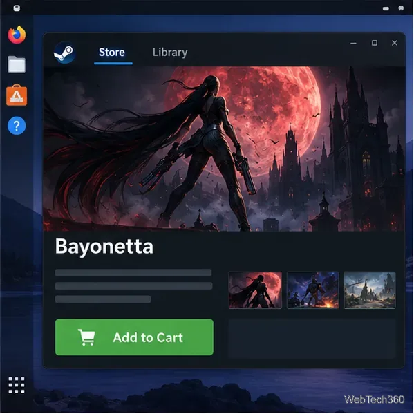 Maqueta ilustrativa de la página del producto Bayonetta en la tienda de Steam con un botón "Añadir al carrito".
