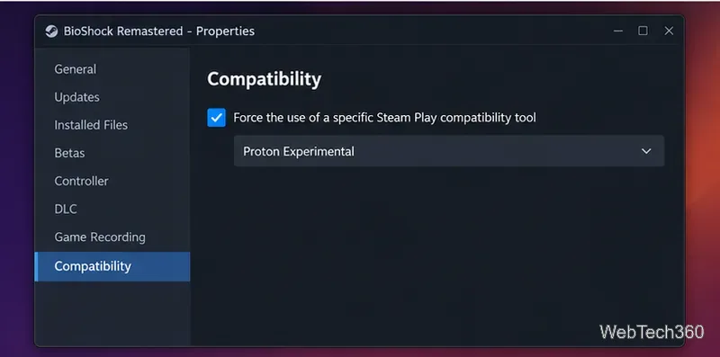 BioShock Remastered Properties window showing the Compatibility tab with Proton Experimental selected