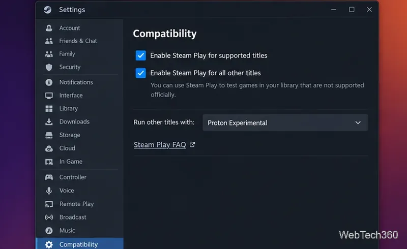 Steam Compatibility settings on Linux with Steam Play enabled and Proton Experimental selected