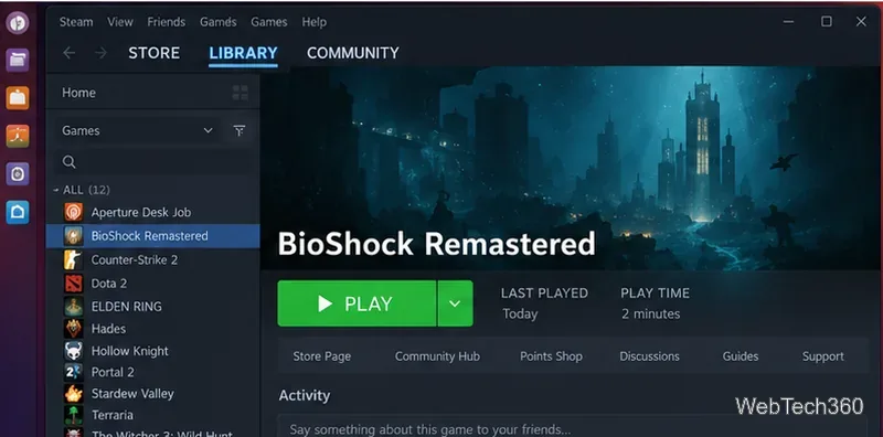 Steam Library on Linux showing BioShock Remastered installed with the green Play button