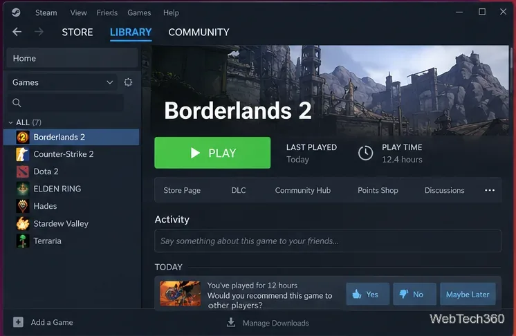 Borderlands 2 installed in Steam on Linux with the green Play button visible