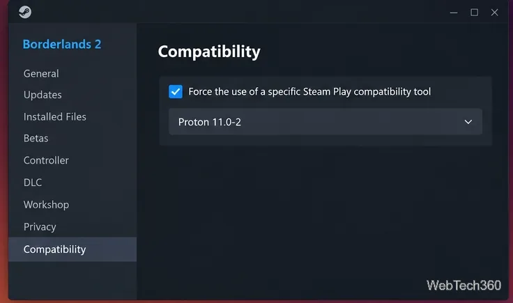 Steam Properties Compatibility screen for Borderlands 2 with Proton selected