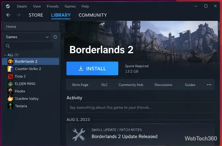 Borderlands 2 selected in Steam on Linux with the Install button ready