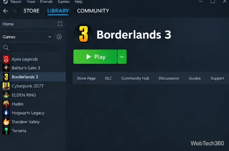 تم تحديد لعبة Borderlands 3 في مكتبة Steam مع ظهور زر التشغيل.