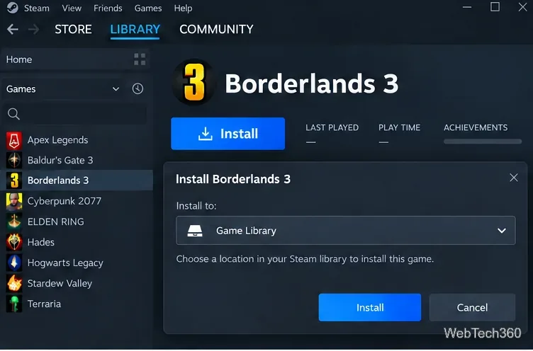 مربع حوار تثبيت لعبة Borderlands 3 على منصة Steam مع تحديد وجهة مكتبة الألعاب.
