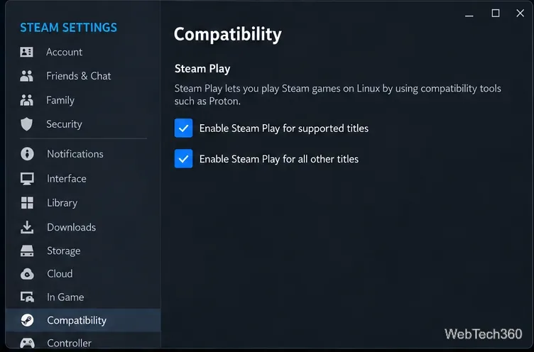 قم بتفعيل خياري Steam Play في صفحة التوافق.