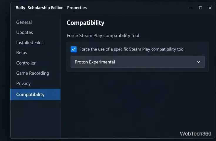 Steamプロパティの互換性タブで、Proton互換性ツールが選択されている状態でBully: Scholarship Editionを表示する。