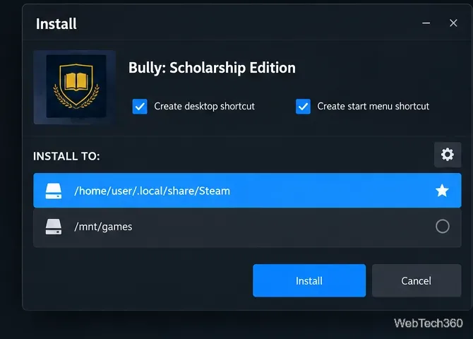 Bully: Scholarship EditionのSteamインストールダイアログ（Linux Steamライブラリの場所とインストールボタンを表示）