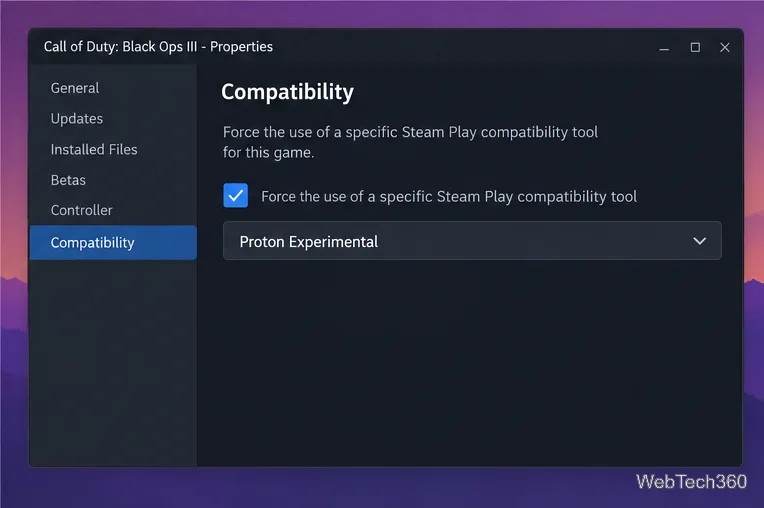 La pagina delle proprietà di gioco relative alla compatibilità con l'opzione Proton Experimental selezionata.