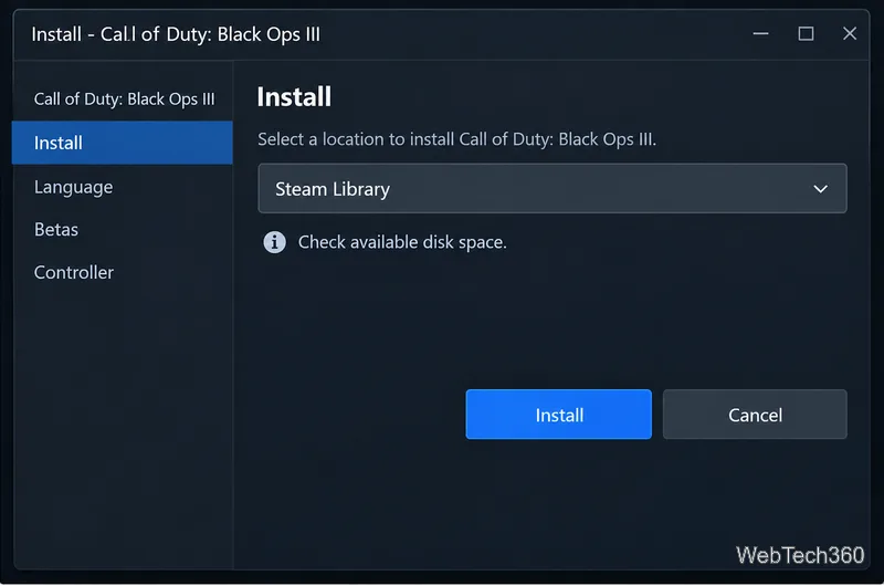 Finestra di dialogo per l'installazione di Steam con indicazione del percorso della libreria di Steam e promemoria per verificare lo spazio disponibile su disco.