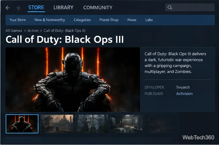 Pagina del negozio Steam per Call of Duty: Black Ops III che mostra il titolo e i dettagli dell'editore.