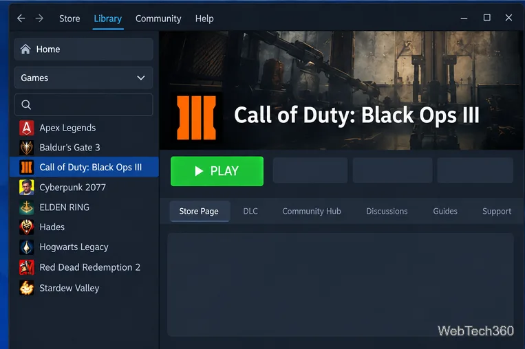 Nella libreria di Steam è selezionato Call of Duty: Black Ops III ed è aperta la pagina del gioco.