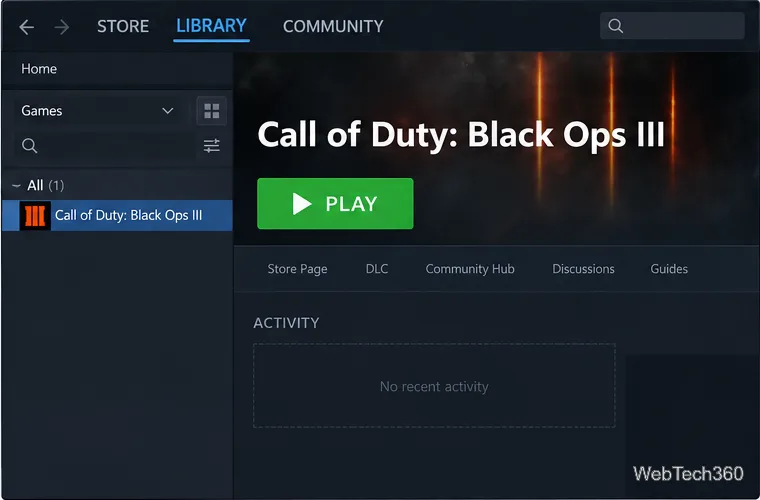 Pagina della libreria di Steam per Call of Duty: Black Ops III con un pulsante "Gioca" verde.