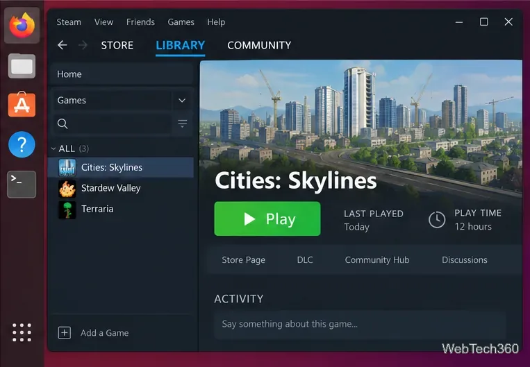 Steam Library on Linux with Cities: Skylines selected and the green Play button visible