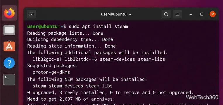 Ubuntu terminal showing a Steam installation command and package manager output