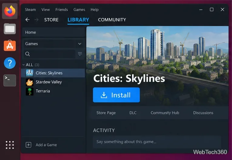 Steam Library on Linux with Cities: Skylines selected and the Install button visible