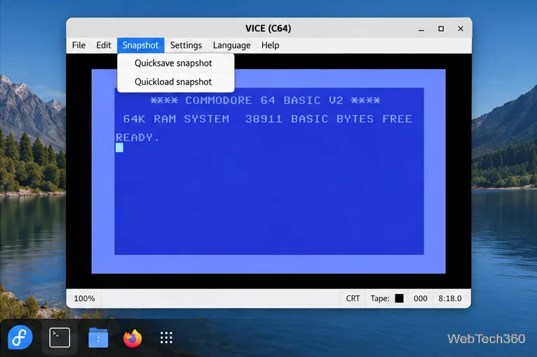 VICE Snapshot menu open with Quicksave snapshot and Quickload snapshot commands